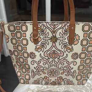 Tory Burch Cream and Tan Geometric Floral Tote